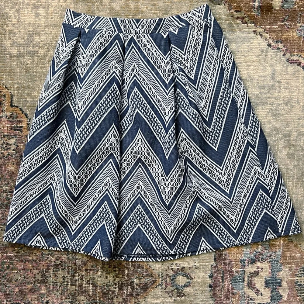 Joe B Knee Length A Line Skirt Chevron Medium Blue Stretch Midi Modest Retro